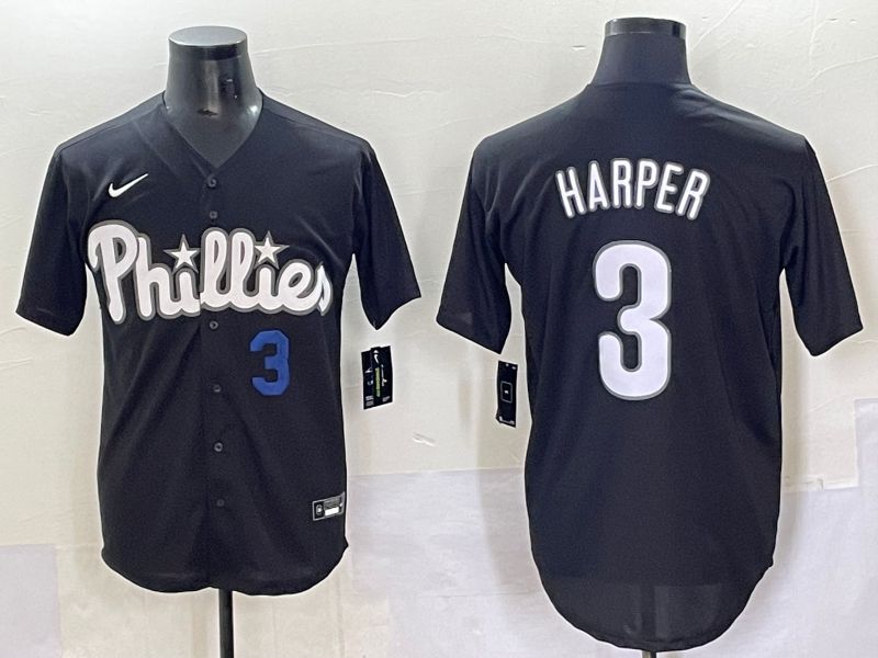 Men 2025 Philadelphia Phillies 3 Harper Black Fashion Nike MLB Jersey style 7045